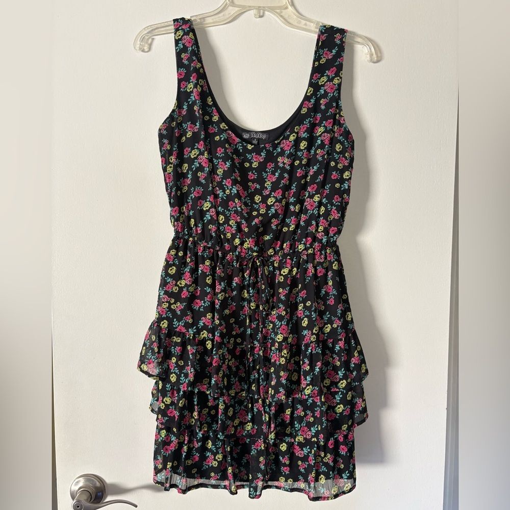 Floral Chiffon Black Mini Dress XS 90s Vtg Tier Ditsy Ruffle Festival Y2K Bebop - Picture 2 of 9